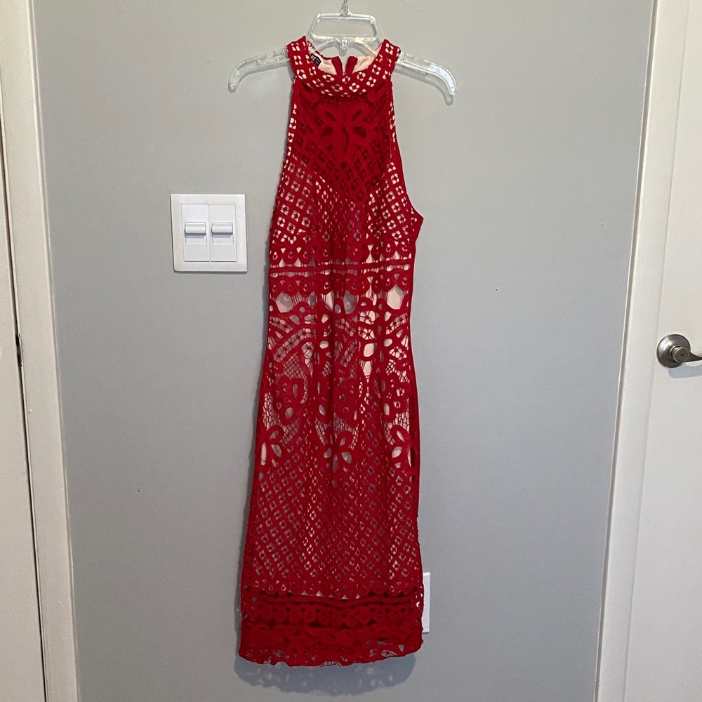 Elegant Red Lace Halter Dress